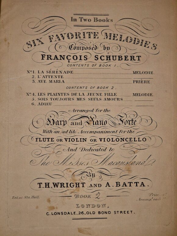 Batta, A. & Wright, T. H. - 6 Favorite Melodies of Schubert for Harp & Pianoforte with acc. Flute / Violin / Cello ad lib.